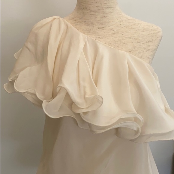 One shoulder size small flouncy cream silk top. - Picture 2 of 10